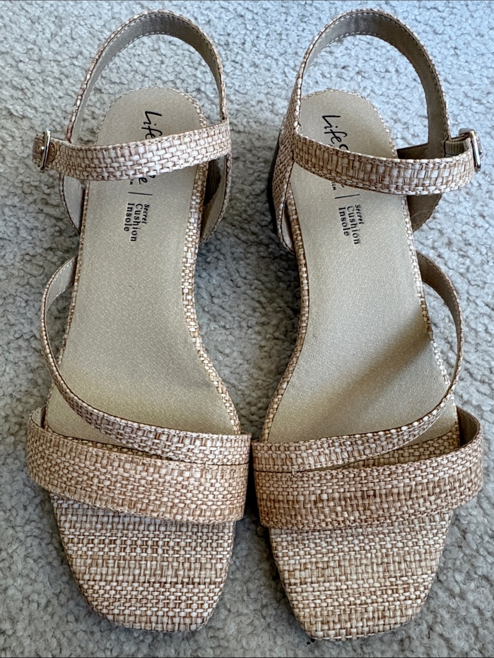 Life Stride Neutral Woven Block Heel Sandals in Beige